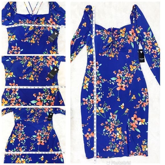 GUESS‎ Blue Floral Cutout Bodycon Dress Long Sleeve Knee Length Slit Size 10 New - Picture 13 of 13